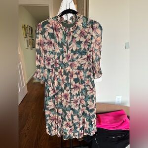 BA&SH Floral Mini Dress with Ruffled Neckline - Pink & Green